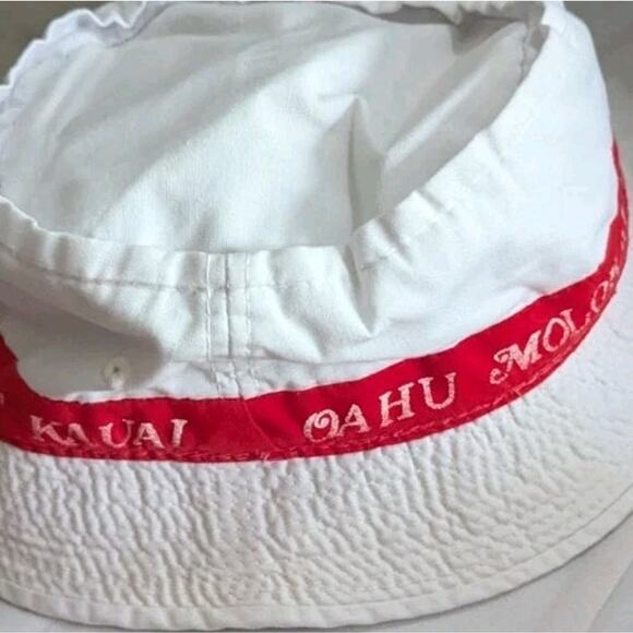 Vtg Eight Islands of Hawaii Bucket Hat White Red Beach Surf Triangle Headwear - Picture 9 of 11